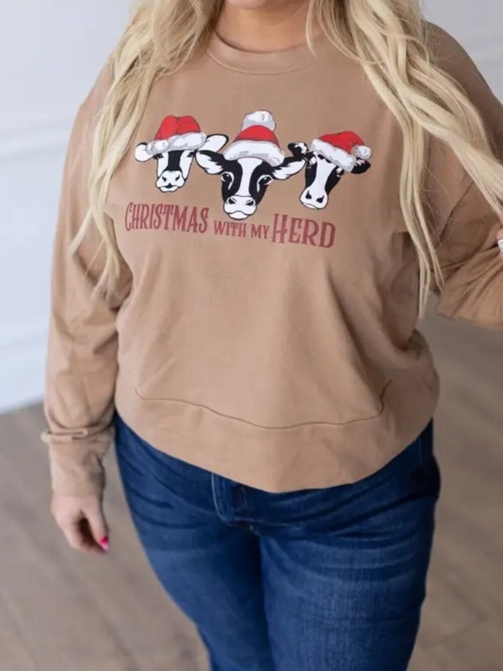 "Christmas With My Herd" Tan Cropped Sweatshirt